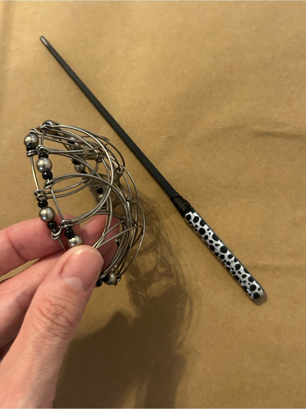 Decorative Silver-Tone Wire Hair Bun Holder with Black/Silver Stick - Picture 3 of 3